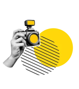 Grafika w stylu halftone, aparat fotograficzny żółtymi elementami dekoracyjnymi