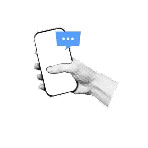Grafika halftone, dłoń trzymająca telefon i ikona trzech kropek