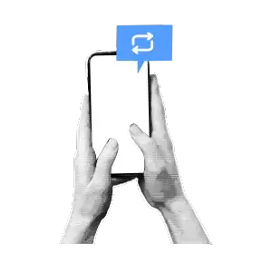 Grafika halftone, dłoń trzymająca telefon i ikona udostępniania na social mediach