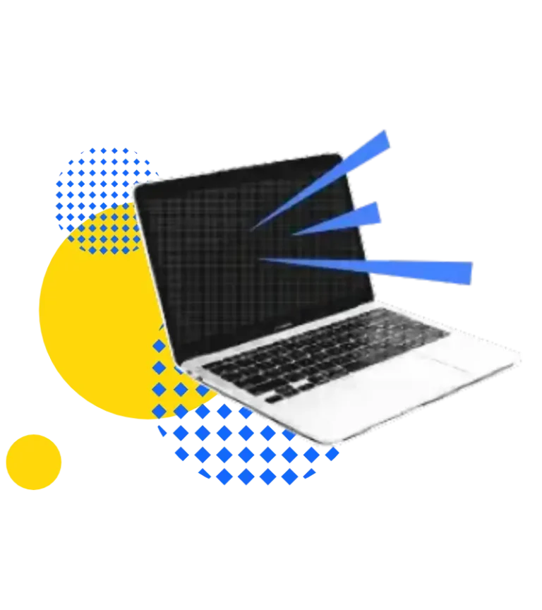 Grafika w stylu halftone, laptop z żółtymi i niebieskimi elementami