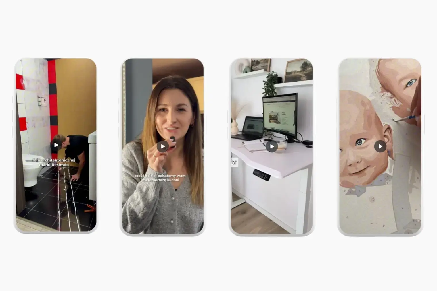 Cztery telefony obok siebie, przedstawiające filmiki/rolki wykonane przez Martę Molik, w kategorii Video UGC