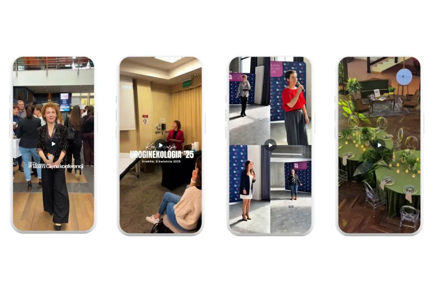 Cztery telefony obok siebie, przedstawiające filmiki/rolki wykonane przez Martę Molik, w kategorii Video eventy i konferencje Kraków i okolice