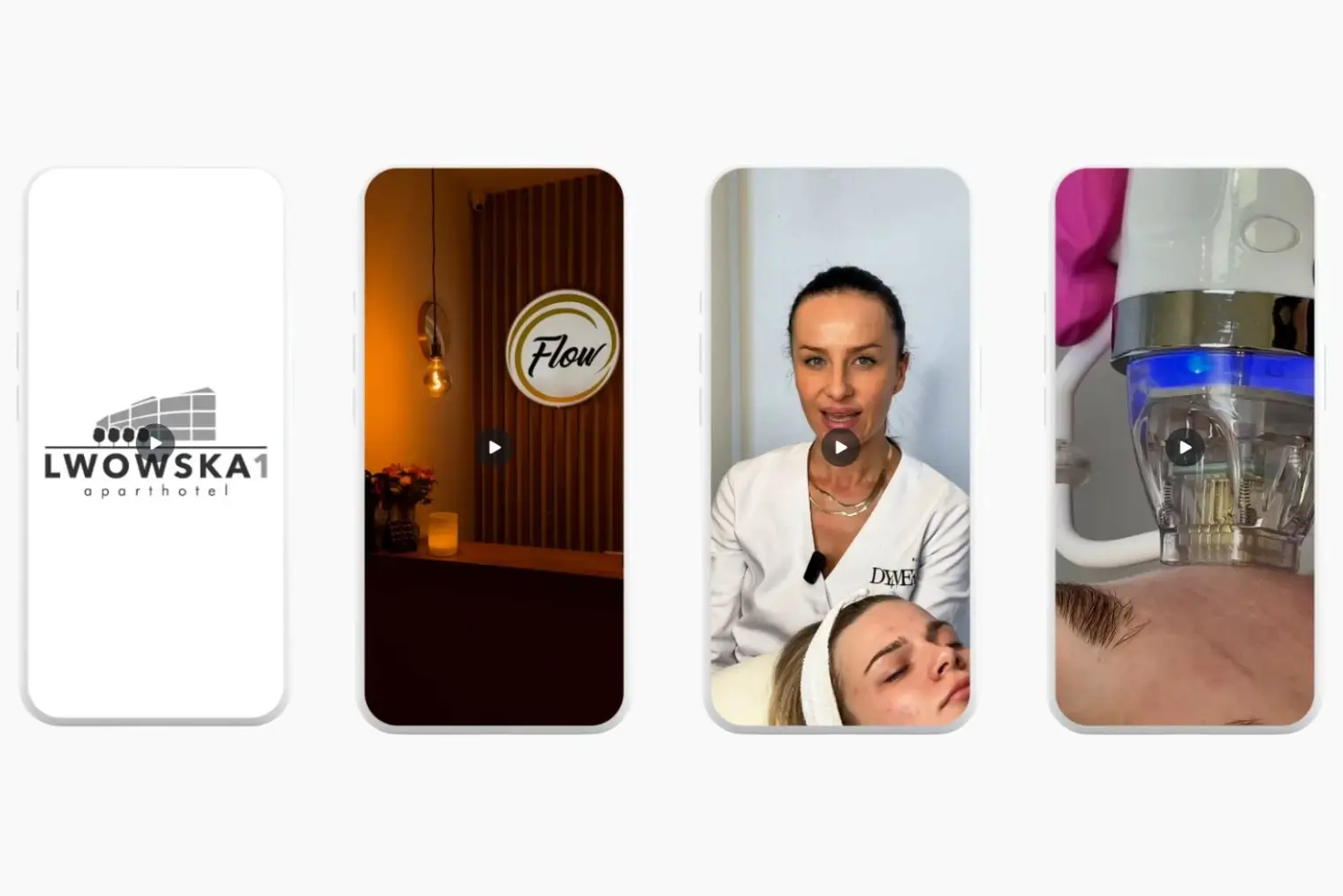 Cztery telefony obok siebie, przedstawiające filmiki/rolki wykonane przez Martę Molik, w kategorii Video branżowe Kraków