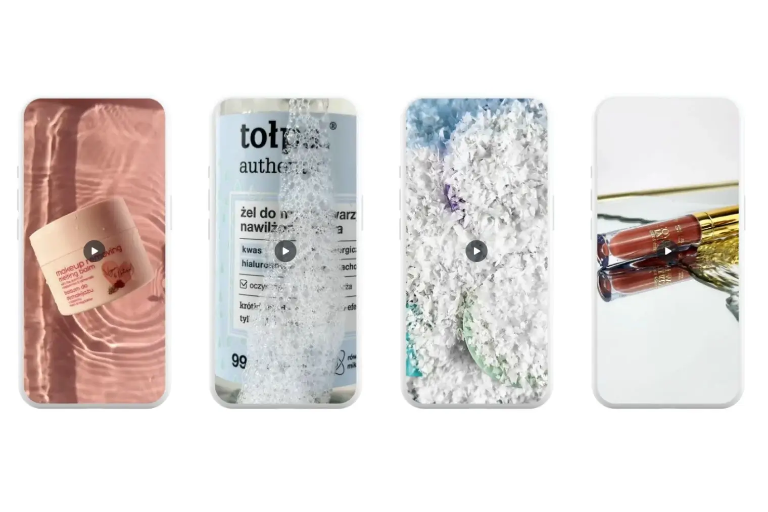 Cztery telefony obok siebie, przedstawiające filmiki/rolki wykonane przez Martę Molik, w kategorii Video produktowe Kraków
